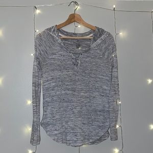 AE Heather Gray Hooded Lace-Up Sweater